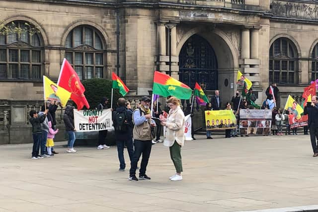 Protestes on the steps of Sheffield Town Hall on Sunday afternoon. A man was arrested under anti terror laws