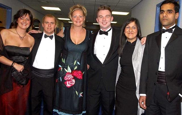Emma Bingham, Dave Burnham, Rebecca Hague, Steve Myers, Yasmine Khan and Qumar Hafiz pictured at the Chaucer School prom at Hillsborough on May 14, 2003