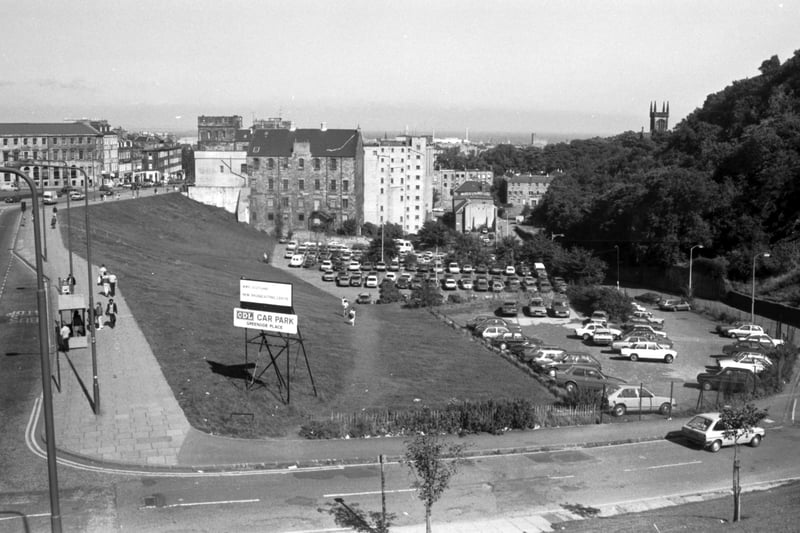Greenside car park at the top of Leith Street in Edinburgh, from Calton Hill, September 1985.