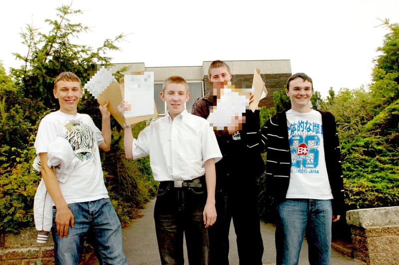 Students Mark Bestford, Stephen Tait, Andrew Hughes and Stephen Hanlon were celebrating their A level results at Byron College in Peterlee in 2005.