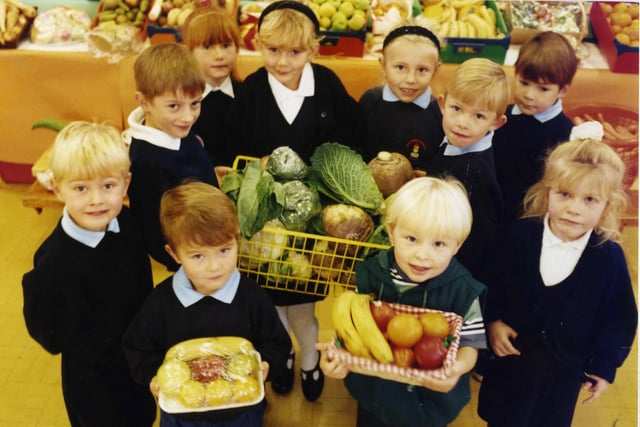 The Mortimer Road Junior School harvest festival in October 1996. Do you recognise any of the pupils?