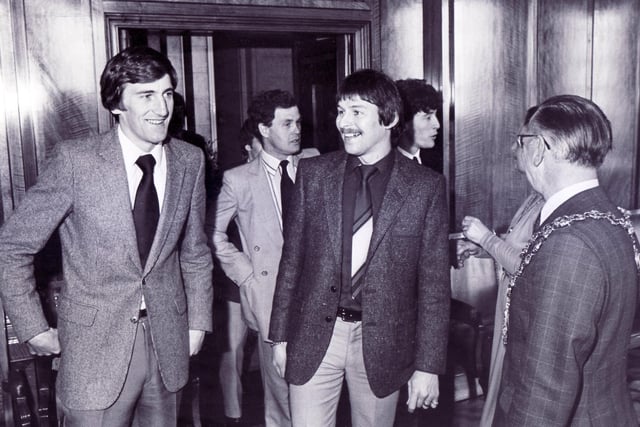 To mark them winning the Anglo-Scottish Cup, the Spireites squad were invited to Chesterfield Town Hall. Players Bill Green and Geoff Salmons pictured in May 1981.