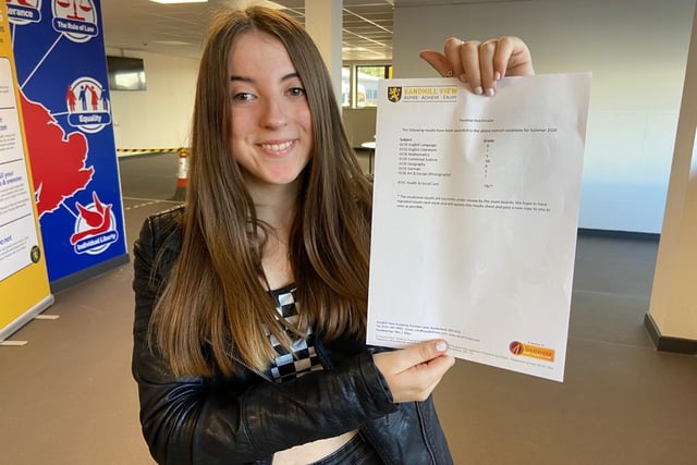 Yasmine Hutchinson on GCSE results day at Sandhill. She plans to study photography, psychology and law at college after receiving two 7s, four 6s and two 5s.