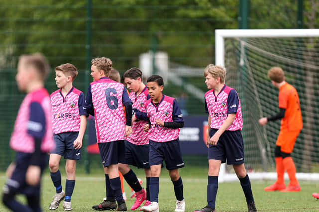 Havant & Waterlooville under-12 Young celebrate a goal in their 4-0 Mid Solent Youth League victory over AFC Portchester Castles under-12s. Picture: Chris Moorhouse (jpns 220521-22)
