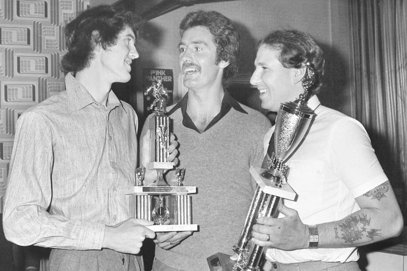 Roker Victory Club football secretary Geoff Hounslow (centre) presents the club's sports awards to James Duncan (left) Sportsman of the Year and David Hodgson, Player of the Year, at the club in June 1980.