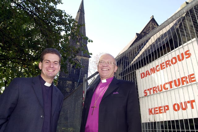 Revd. Rick Stordy Vicar of  St Johns Church Chapeltown with the Bishop of Doncaster Rt. Rev. Cyril Ashton, outside the old Church shortly before Saturdays Thanksgiving Service with the Bishop of Doncaster 27 September 2003 .

image copyright Paul David Drabble