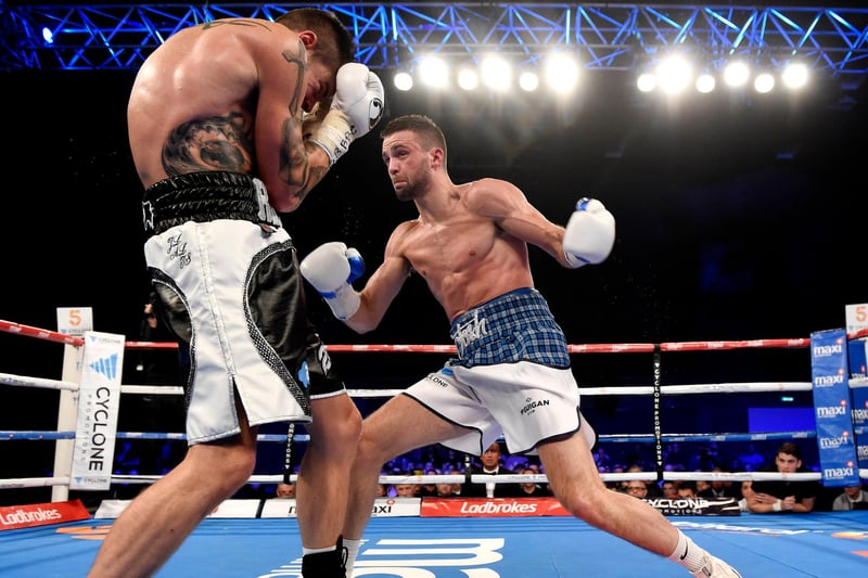 Josh Taylor unleashes a left hook against Englishman Dave Ryan at Meadowbank on the way to becoming the new Commonwealth super-lightweight champion in October 2016. Taylor's power and precision was a cut above his Derby opponent and the fight was stopped in the fifth round.