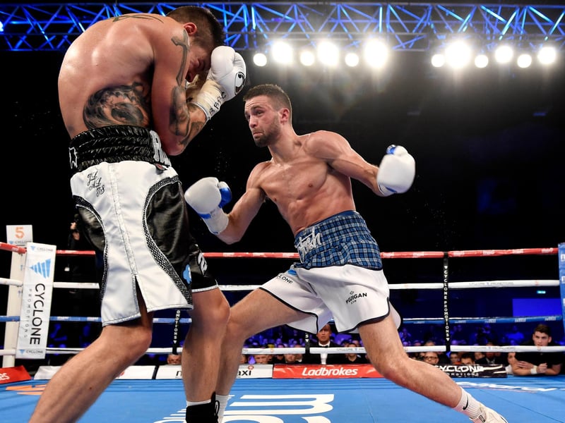 Josh Taylor unleashes a left hook against Englishman Dave Ryan at Meadowbank on the way to becoming the new Commonwealth super-lightweight champion in October 2016. Taylor's power and precision was a cut above his Derby opponent and the fight was stopped in the fifth round.