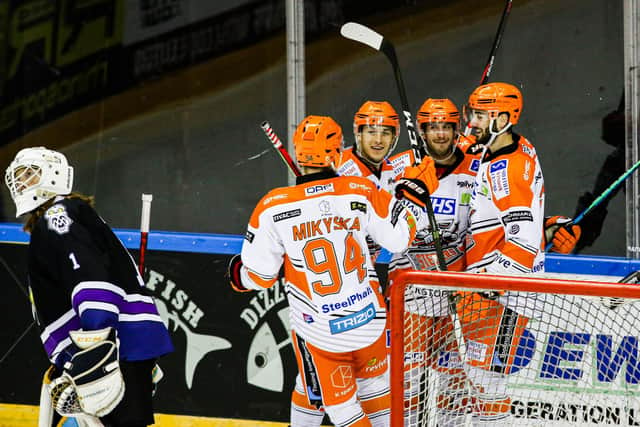 Joy for Steelers after scoring against Manchester.  Pic by Mark Ferriss.