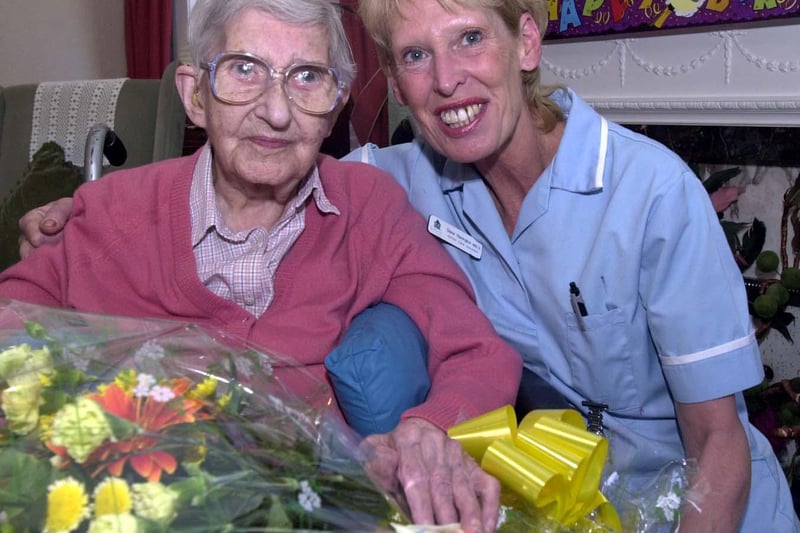 105 year old Alice Ellison, received birthday wishes from care assistant Diane Harrington at the Woodlea Residential home at Bessecarr, Doncaster in March 2002
