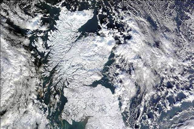 Satellite images showed how the winter snowfalls blanketed the entire country.