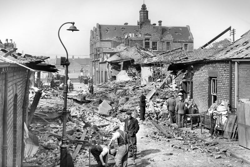Sifting through the wreckage of an air raid near Redby School,  Fulwell.  Here is the scene in Duke Street in May 1941.