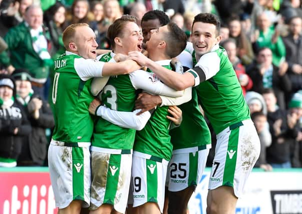 Hibs celebrate after Martin Boyle puts them in front against Aberdeen in a February 2018 clash