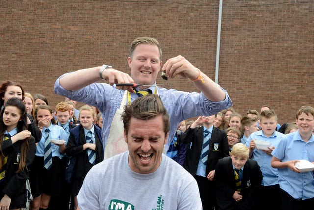 Another 2016 reminder and it shows Ben Holden having a sponsored head shave in aid of Macmillan. The barber was his best friend and fellow teacher Ben Wainwright who was leaving the school after nine years there.