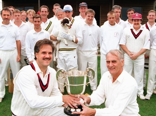 Geoff Rennison and Dave Kay with the DIstrict Cricket Leugue premier legaue torphy in 1997.