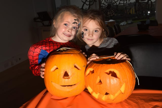 Sisters, Rosa, 3 and Maggie Napier, 5, with the pumpkins they carved at the Glass Centre as part of their Halloween activities 6 years ago.