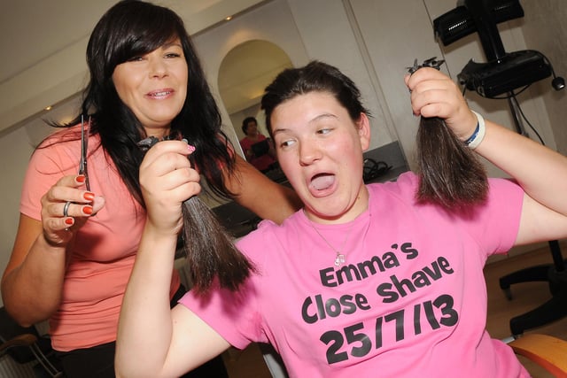 Emma Kennedy was pictured having her hair shaved for charity by hairdresser, Anne Marie Coates. Remember this from 2013?