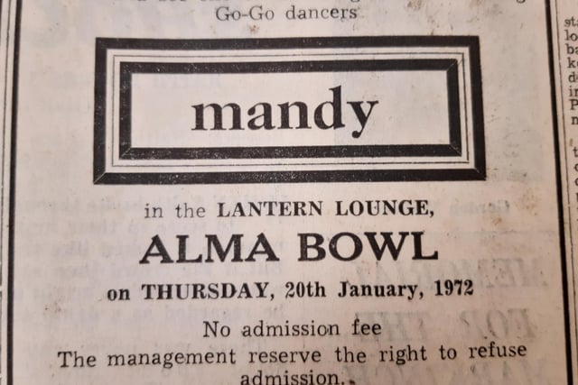 Go-go dancers were on the bill at a number of Kirkcaldy venues in the 1970s.
The Alma Bowl, which used to be in the Olympia Arcade, went one step further, showing "one of Edinburgh's most enticing go-go dancers" in the Lantern Lounge.