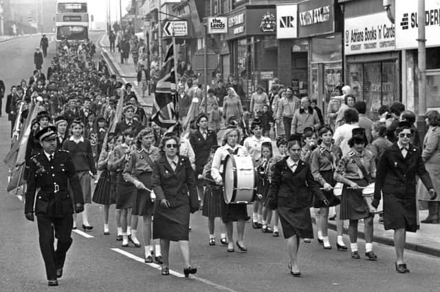 The 43rd (St Margaret's) Girl Guides band leads the parade down Fowler Street, South Shields, on its way to St Hilda's Church for the Guide movement's 75th anniversary thanksgiving service. Remember this?