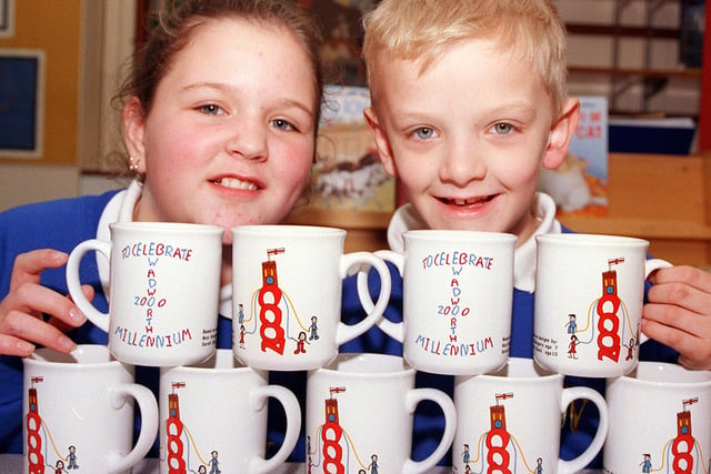 Wadworth Primary School Millennium Mug designers Sarah Slack, aged 11, and Max Gregory, aged seven.