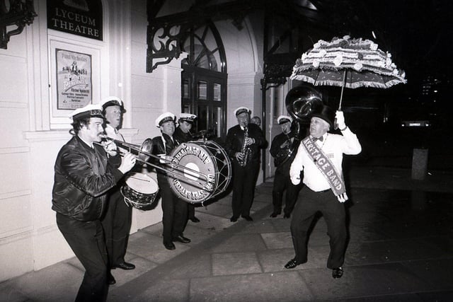 The Heritage New Orleans Brass Band welcomes guests to the re-opening night of the Lyceum Theatre, Sheffield on December 10, 1990. The theatre was brought back from dereliction by a determined campaign.