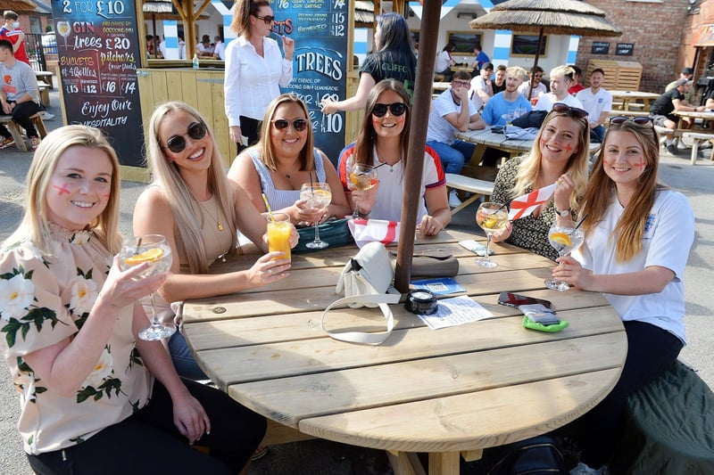 Fans in Chesterfield watch the England v Germany game at the Spotted Frog. Ashleigh McMahon, Laura Fos-Farr, Grace Dowding, Sophie Bradbury, Lydia Ibbotson and Hannah Essam.