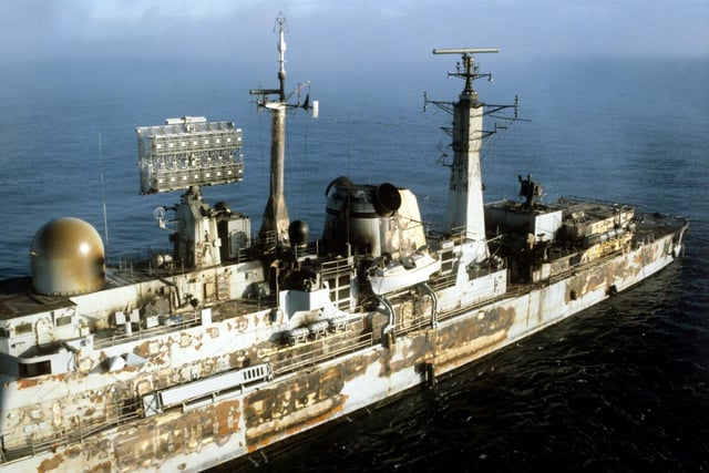 01/05/1982 of the charred remains of HMS Sheffield after being hit by an Argentine Execet missile on 4th May. The ship then sank on 10th May while being towed to safe water outside the total exclusion zone in the south Atlantic. PRESS ASSOCIATION photo. Issue date: Sunday March 25, 2007. The 25th anniversary of the invasion of the Falkland Islands by Argentina will take place on April 2, 2007. See PA Story WAR Falklands. Photo Credit should read: Martin Cleaver/PA Wire.