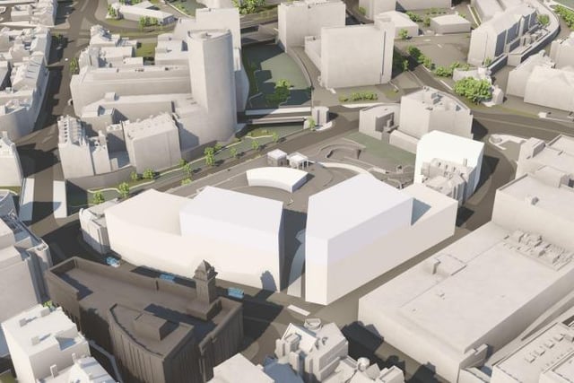 Aerial view shows how the planned Castlegate scheme would look from the air, with the shape of the old town hall seen on the picture in dark grey.