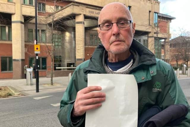 Pictured is assault victim 71-year-old Brian Johnson, of Grimesthorpe, Sheffield, outside Sheffield Crown Court after he had been very disappointed to see his attacker walk free with a suspended prison sentence.