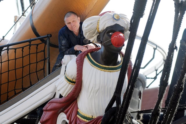 Bobby Monsen pictured with HMS Trincomalee's figurehead wearing a red nose for Comic Relief 2011.