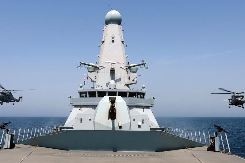 The Bridge of HMS Dragon with the two Lynx helicopters alongside in 2013. 
Picture: L(Phot) Dave Jenkins