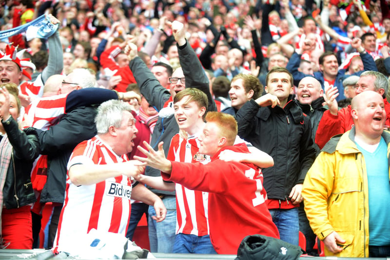 Sunderland fans celebrate as Gus Poyet's side take the lead at Wembley during the 3-1 Capital One Cup final defeat to Manchester City in 2014.