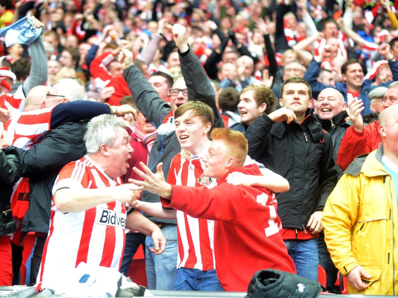 Sunderland fans celebrate as Gus Poyet's side take the lead at Wembley during the 3-1 Capital One Cup final defeat to Manchester City in 2014.