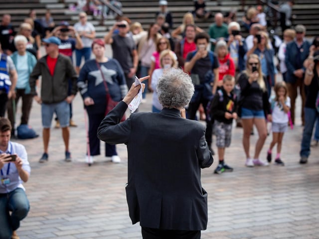 Piers Corbyn giving a speech at the event in Portsmouth. Picture: Habibur Rahman
