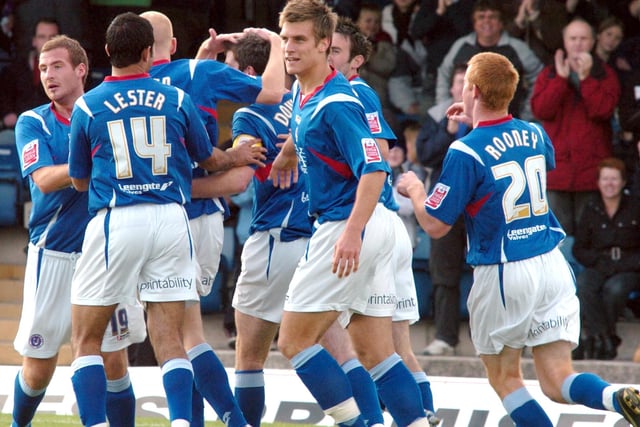 Town players congratulate Aaron Downes on his goal against Dagenham and Redbridge in 2007.