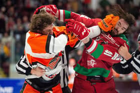 A scrap on the ice as Sheffield Steelers take on Cardiff Devils in the Challenge Cup. Picture: James Assinder