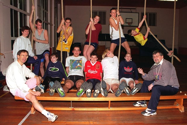 Some of the athletes of Doncaster and Stainforth Athletic Club training at Hall Cross school gym in 1999. From left are coaches Kim Blagden and Paul Brown with Les Watson on the right with stopwatch in hand.