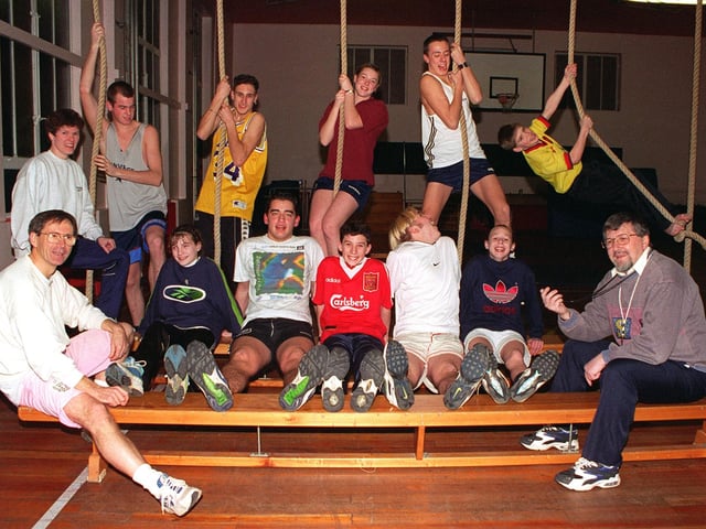 Some of the athletes of Doncaster and Stainforth Athletic Club training at Hall Cross school gym in 1999. From left are coaches Kim Blagden and Paul Brown with Les Watson on the right with stopwatch in hand.