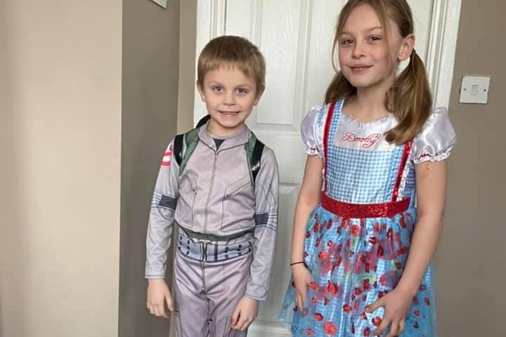 Kieyan, aged 6, in his Ghostbusters costume and Ayla, aged 8, as Dorothy from the Wizard of Oz.