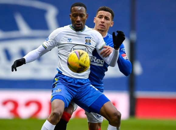 Kilmarnock's Nicke Kabamba (L) and Rangers' James Tavernier during a Scottish Premiership match between Rangers and Kilmarnock at Ibrox Stadium, on February 13, 2021, in Glasgow, Scotland. (Photo by Rob Casey / SNS Group)