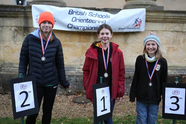 An all Sheffield and Hathersage podium. 1st Ella Baxter, High Storrs. 2nd Charlotte Chapman, Hope Valley College. 3rd Ellen Ash, High Storrs.  Credit: Ray Barnes
