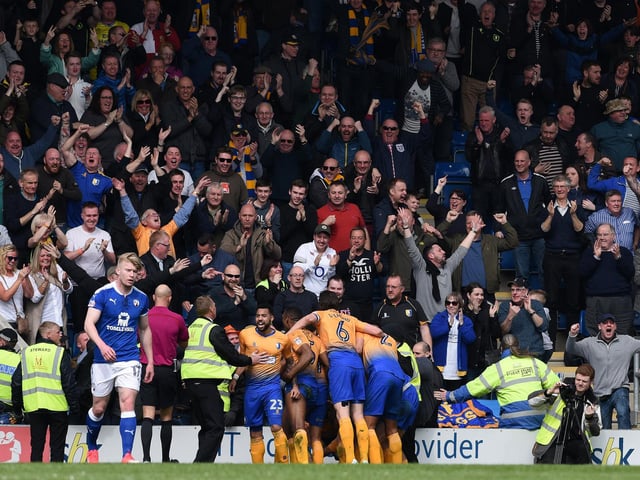 What a moment for Mansfield's fans. Stags go one up at the Proact and celebrate in front of a packed away end.