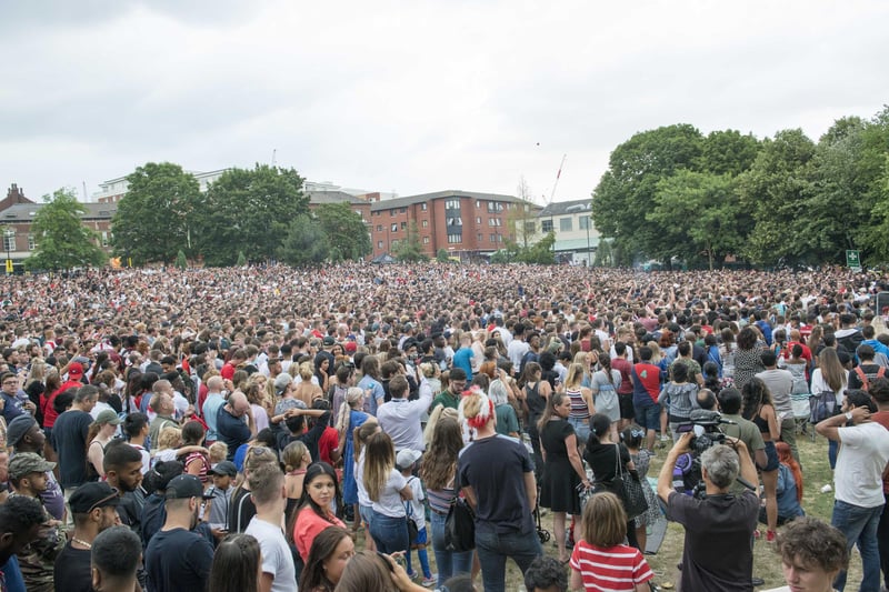 Football fans watch the World Cup semi-final between England and Croatia on Devonshire Green in Sheffield in July 2018