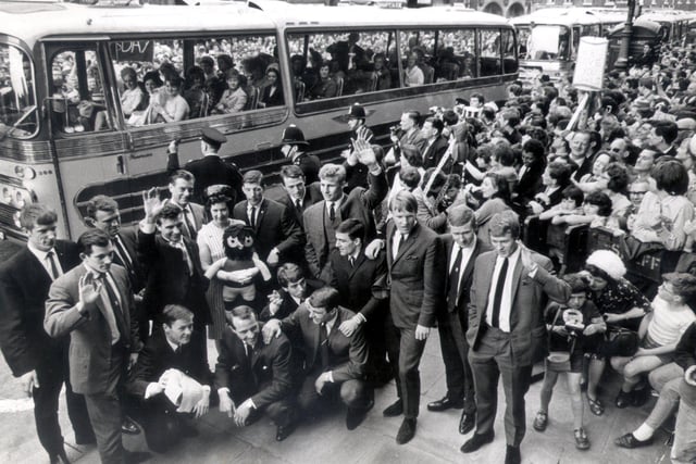 Wednesday players pose for photographs outside the Town Hall two days after their FA Cup final defeat to Everton in May 1966.