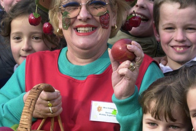 Pauline Bobson who works in the kitchen of Hexthorpe Primary School, Doncaster named the Funniest dinner lady in a national competition  back in 2002