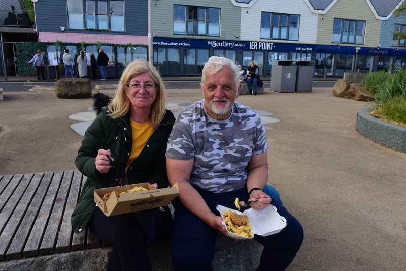Michael and Brenda Bonallie enjoys some fish and chips in the sea air.