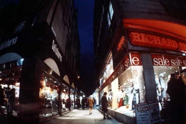Chapel Walk in Sheffield city centre pictured after dark in July 1983
