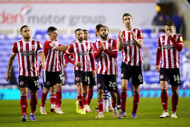Sheffield United's Jayden Bogle (centre right) and his team-mates applaud the fans after beating Reading: John Walton/PA Wire.