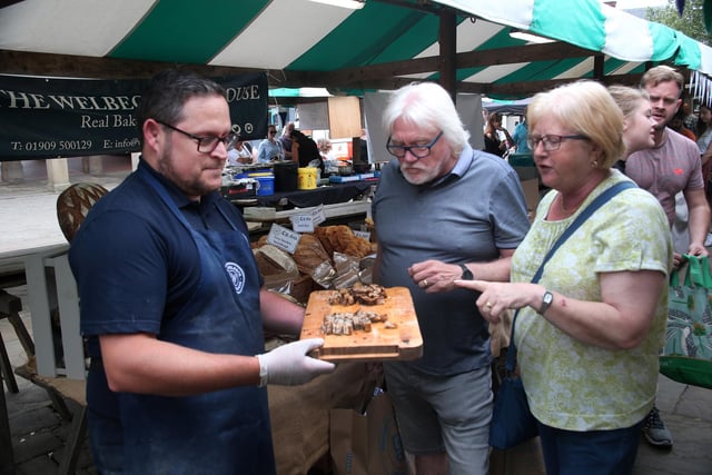 Welbeck bakehouse's Mark Garry handed out the sample of bread to Steve and Ann Wilds in 2019
