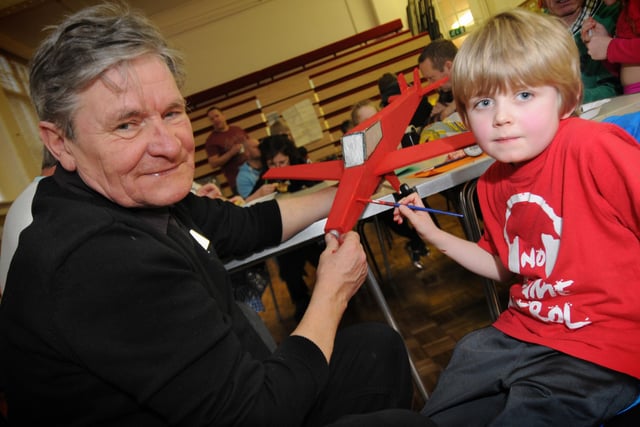Pupils took part in a special project called 'Build It With Dad' in 2013. Finlay Carter, 7 is pictured with his grandad Joe Newby putting the finishing touches to his model plane. Does this bring back happy memories?